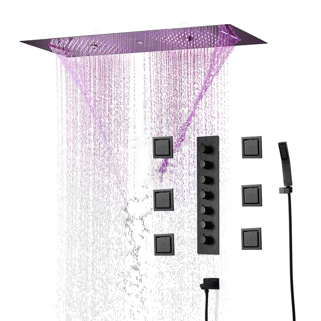 Fontana Dijon Matte Black Thermostatic Recessed Ceiling Mount Musical LED Remote Controlled Rainfall Shower System with 3 Jetted Body Sprays and Hand Shower